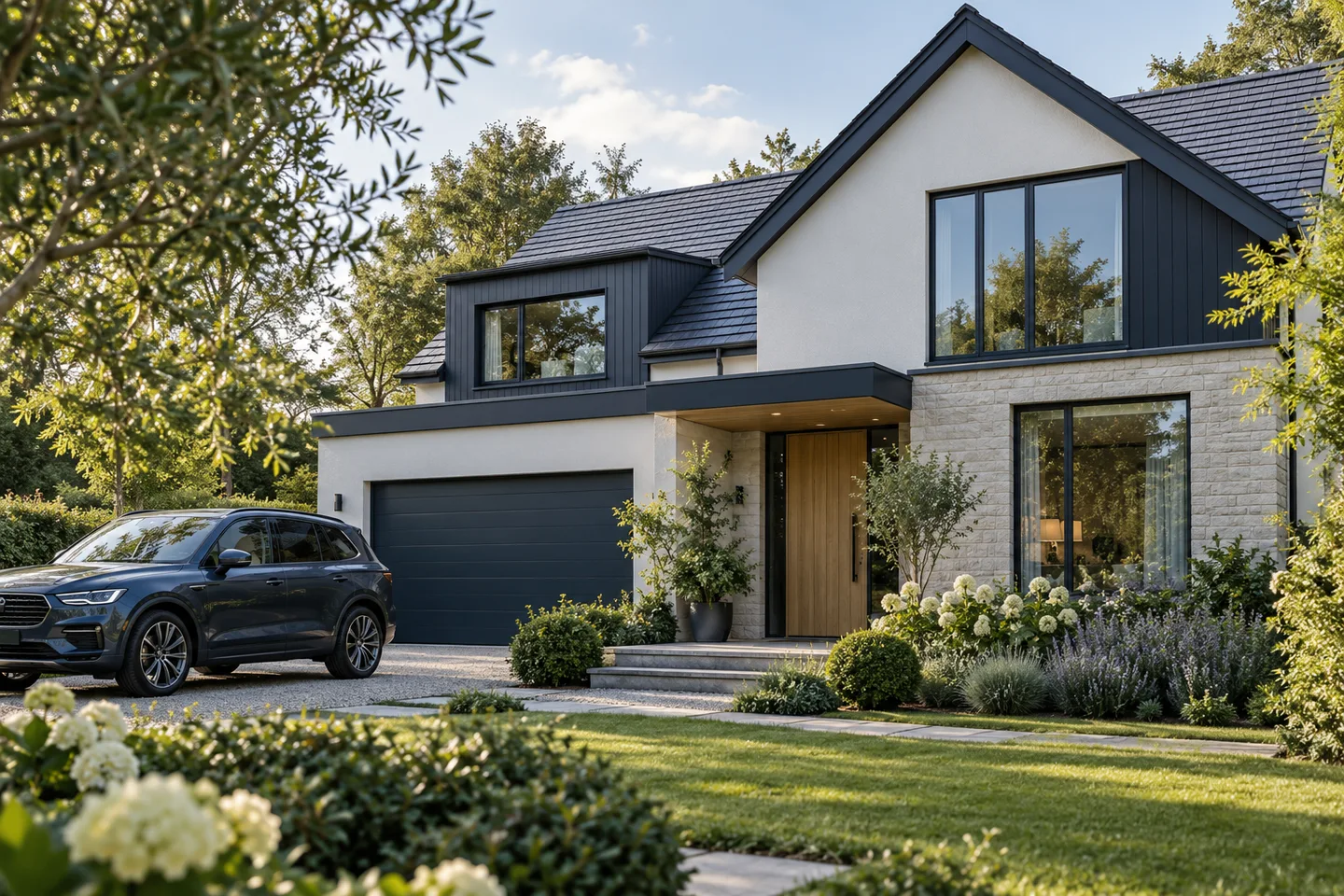 Modern home and car with landscaped garden